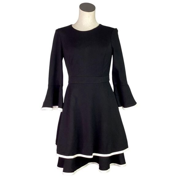 Eliza J Dress Womens 6 Black Ivory Bell Sleeve Tiered Fit and Flare Ponte Knit - Picture 1 of 8